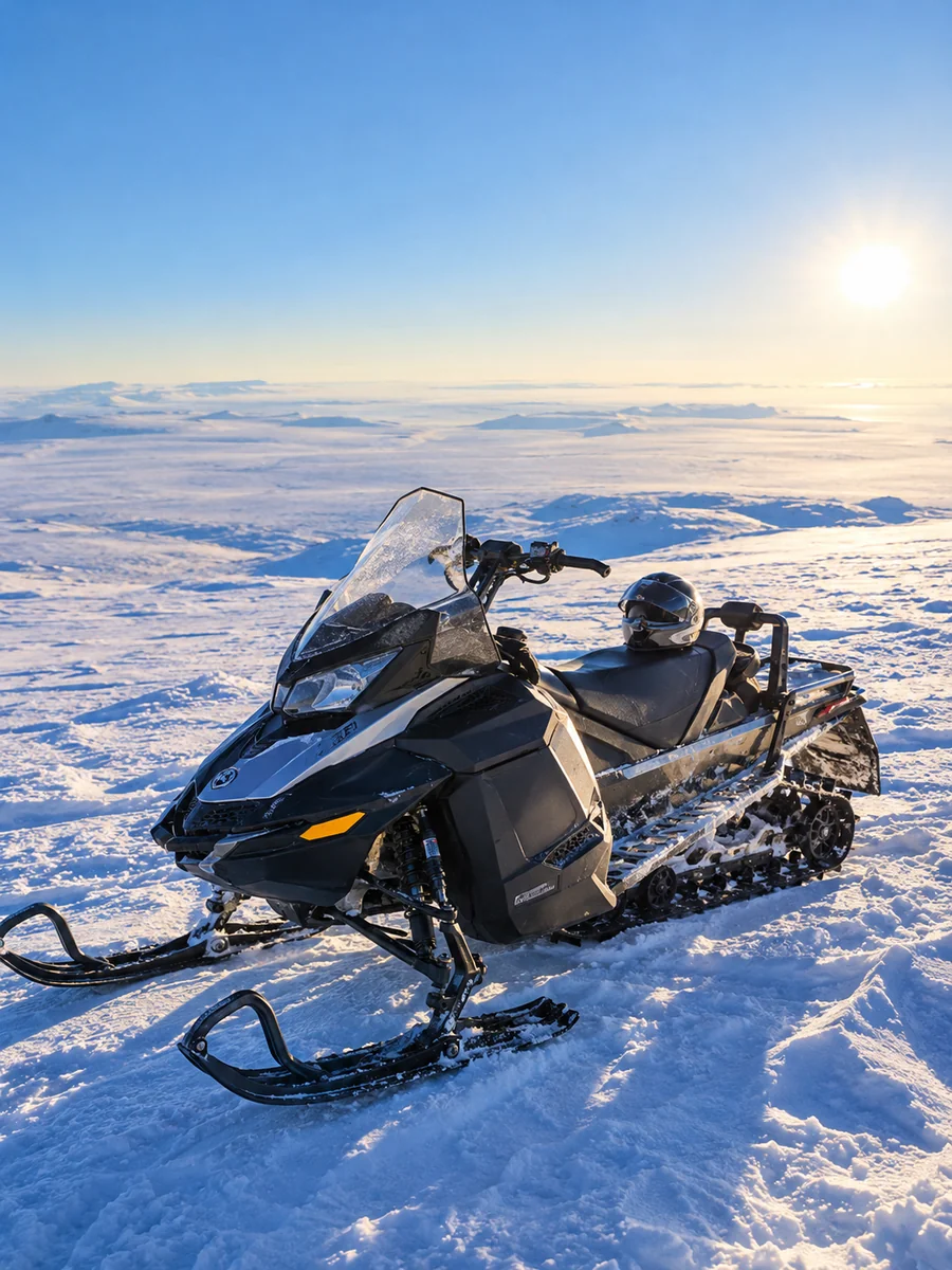 Ein Schneemobil parkt auf der sonnenbeschienenen Eiskappe des Langjökull, ein Helm liegt auf dem Sitz